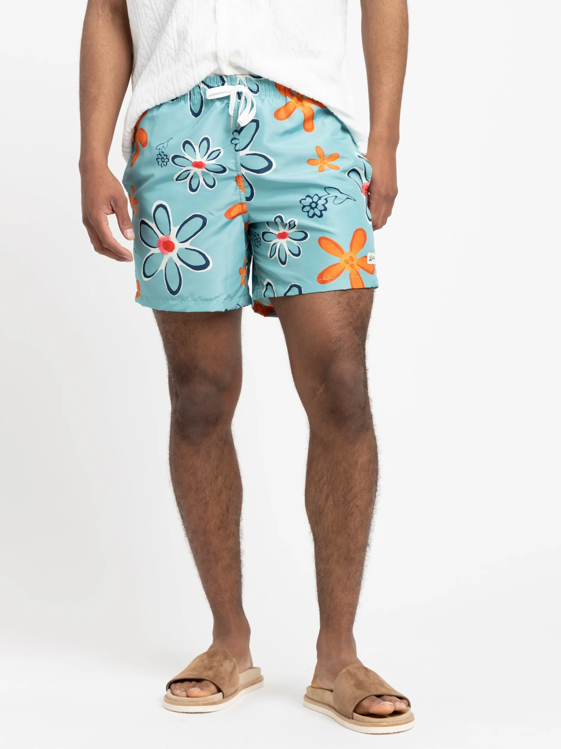 Aqua Blue Perennial Floral Swim Trunks