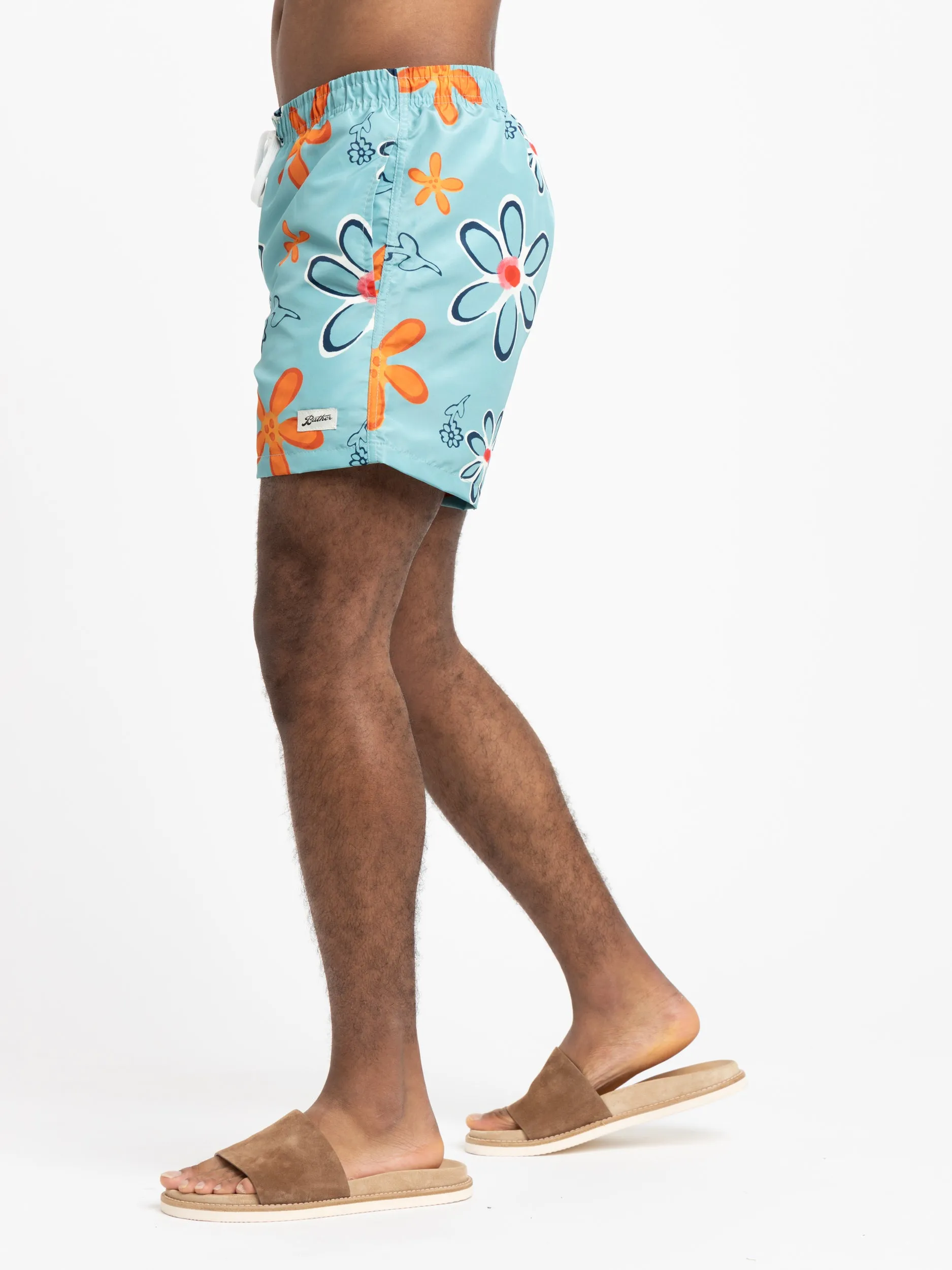 Aqua Blue Perennial Floral Swim Trunks