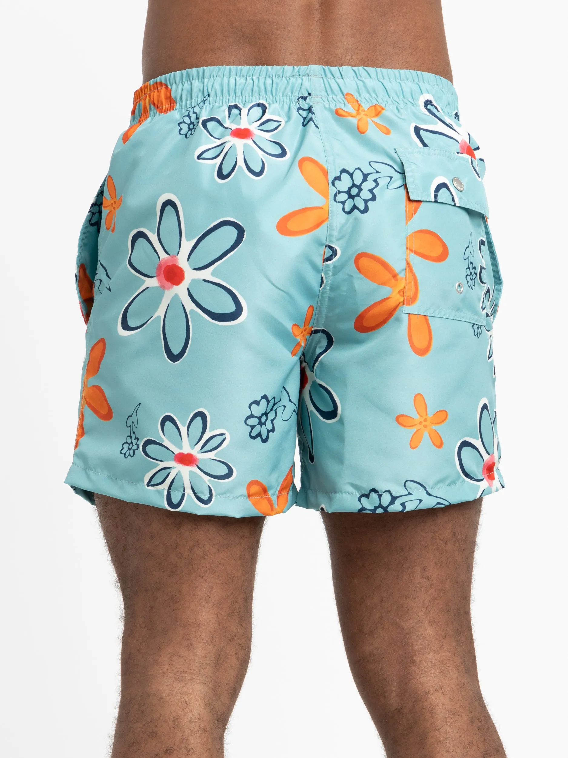 Aqua Blue Perennial Floral Swim Trunks