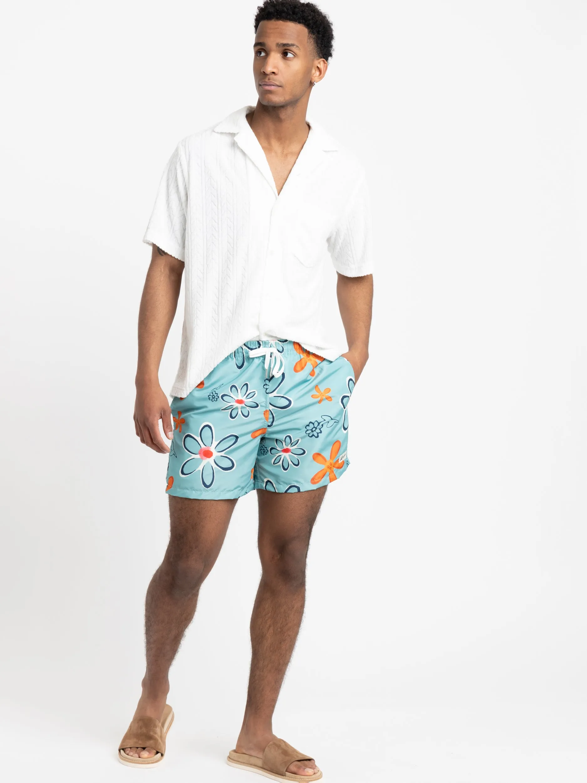 Aqua Blue Perennial Floral Swim Trunks