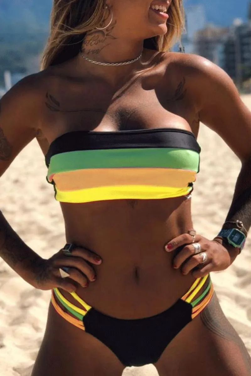 Bandeau Rainbow Striped Bikini Set (3 Colors)