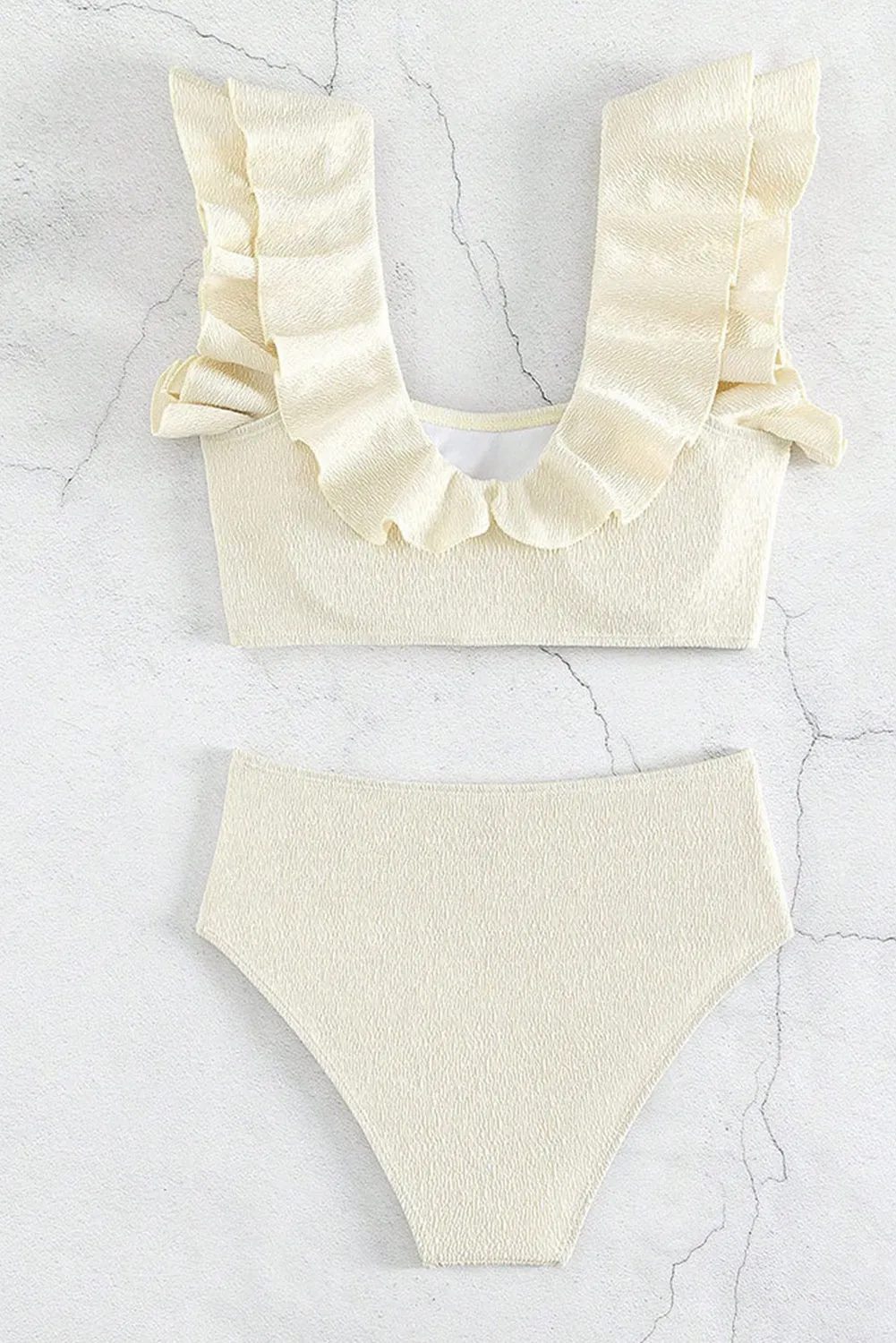 Beige Textured Ruffled High Waist Bikini Set