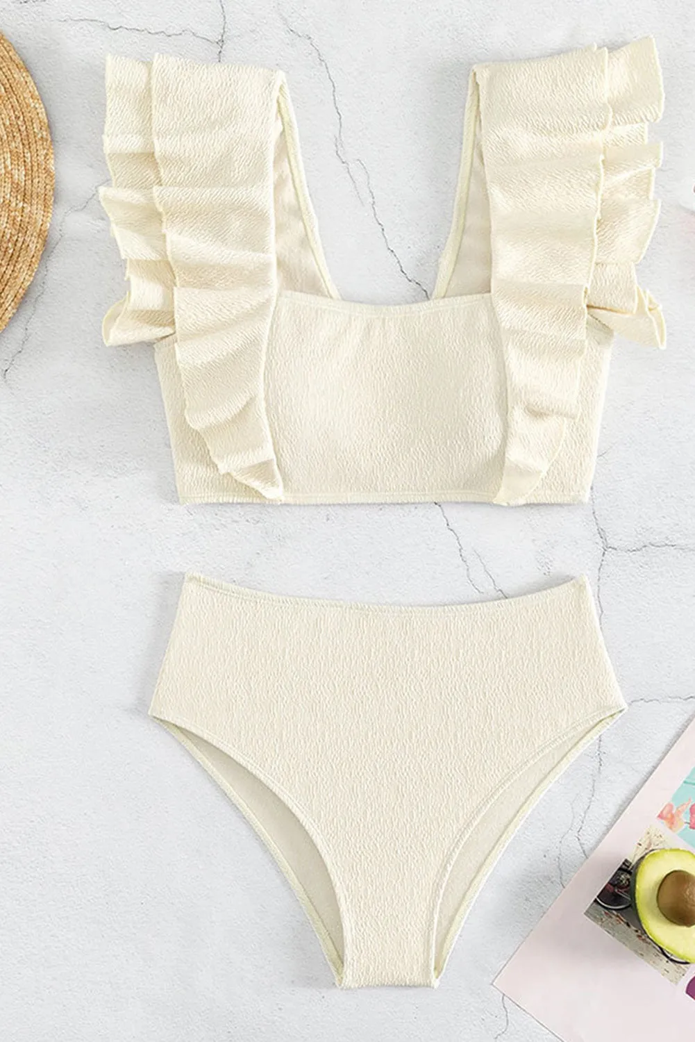 Beige Textured Ruffled High Waist Bikini Set