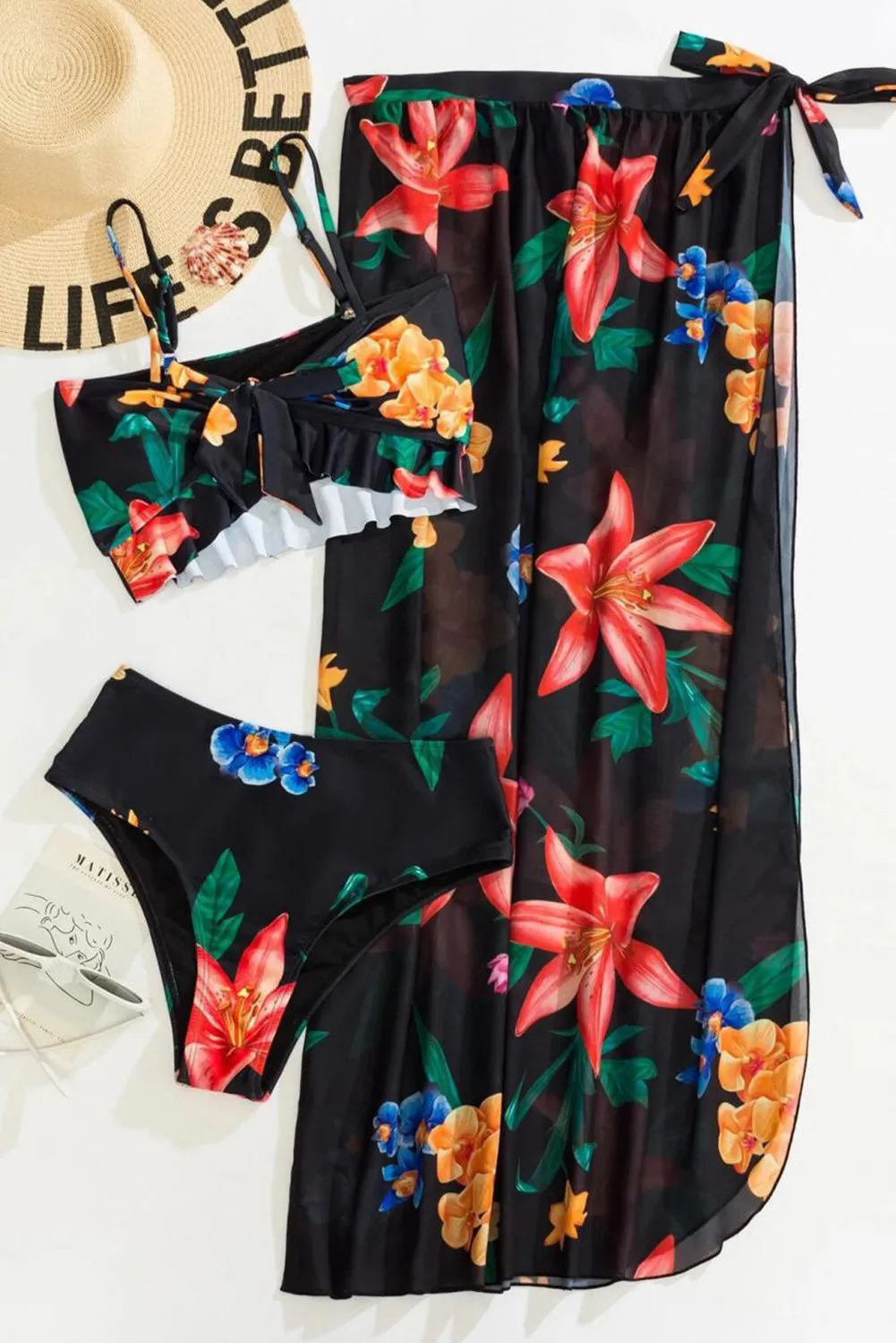 Black 3pcs Floral Twist Cover-up Bikini Set