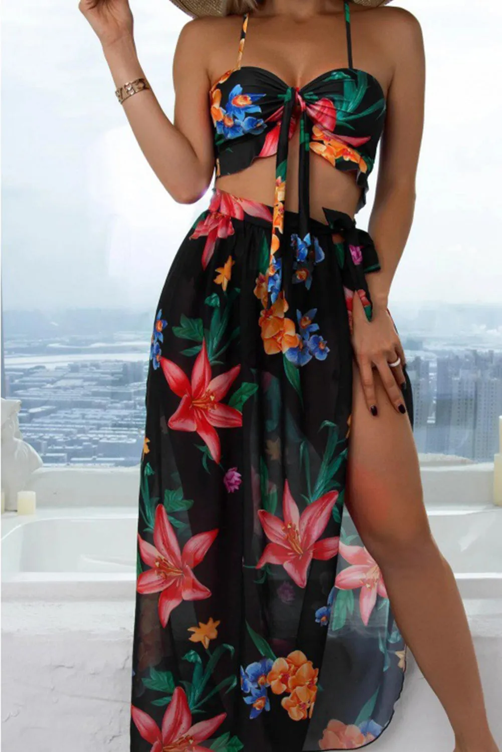 Black 3pcs Floral Twist Cover-up Bikini Set