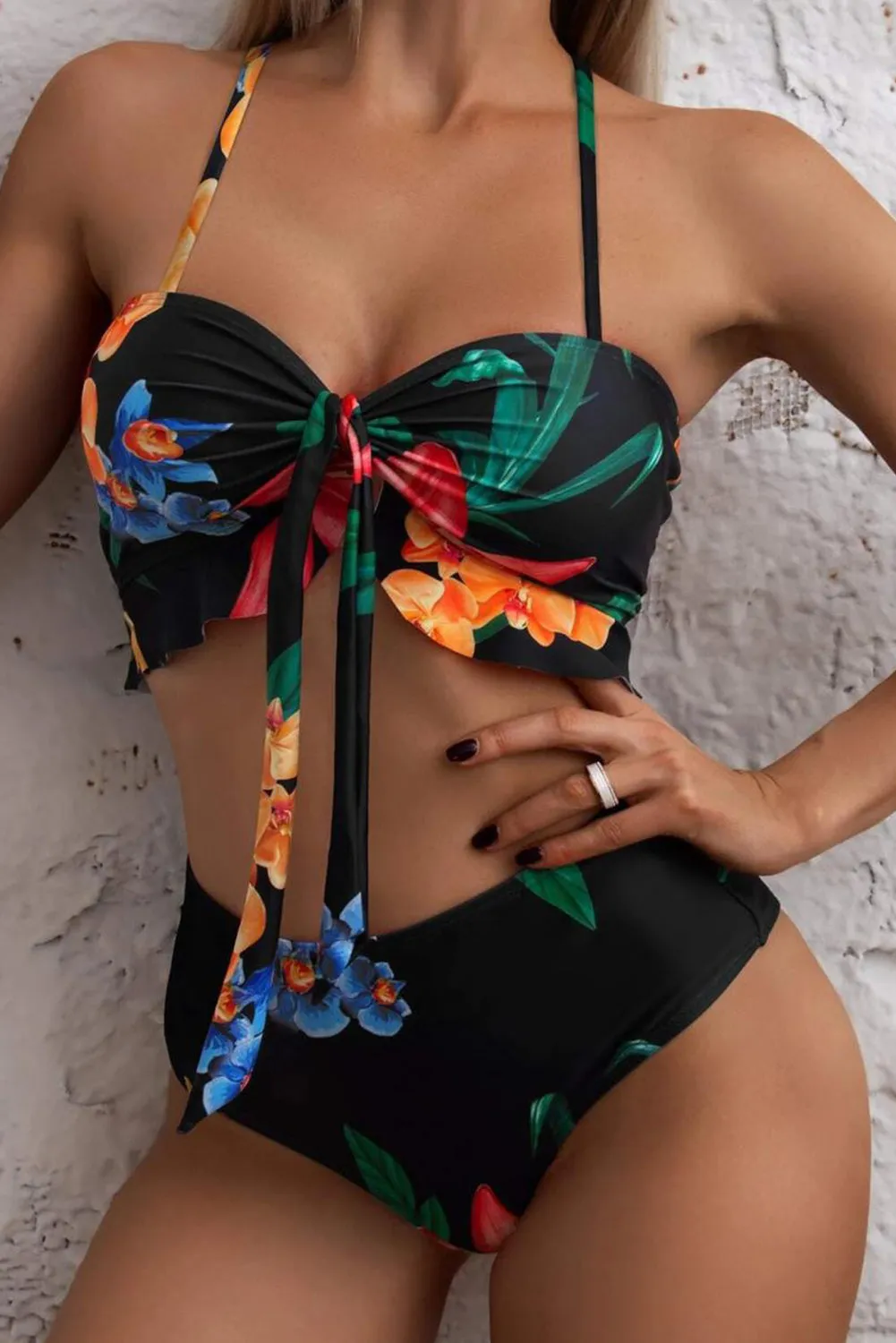 Black 3pcs Floral Twist Cover-up Bikini Set