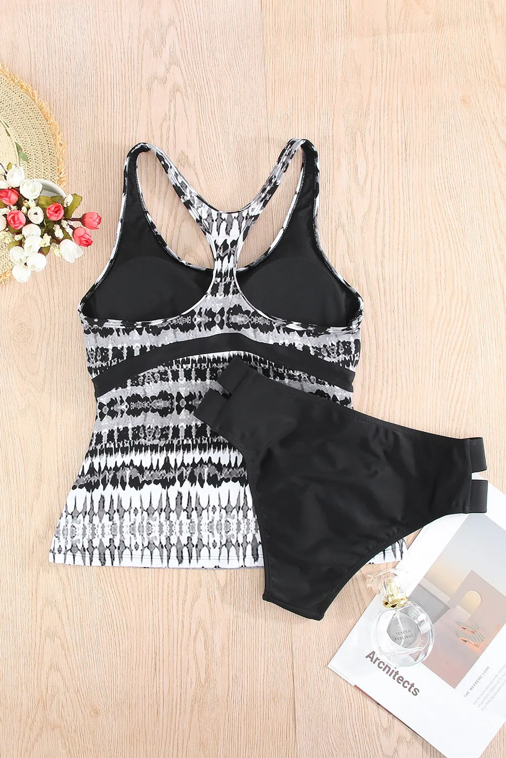 Black Abstract Print Racerback Tankini Set