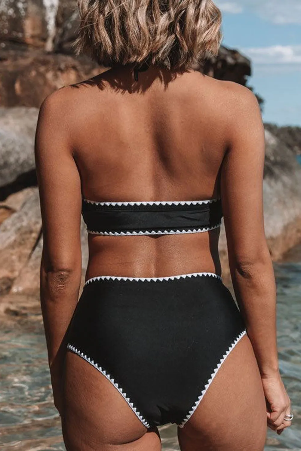 Black Contrast Binding High Waist Bikini Set