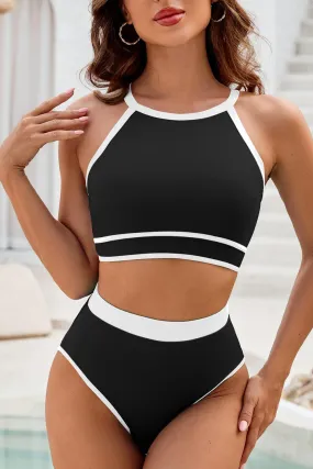 Black Contrast Crisscross High Waist Bikini Set