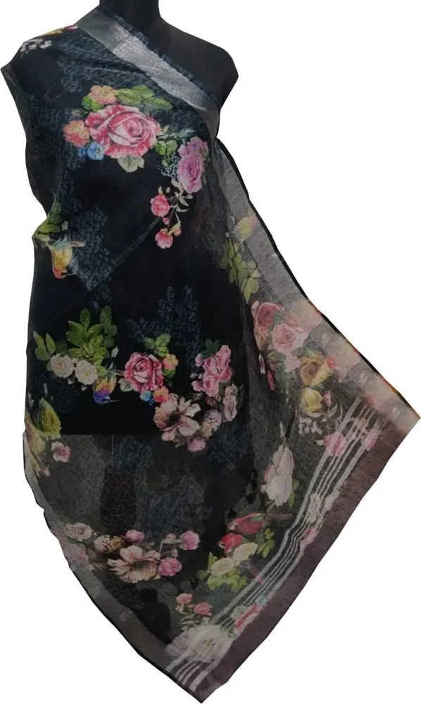 Black Digital Printed Linen Floral Design Dupatta