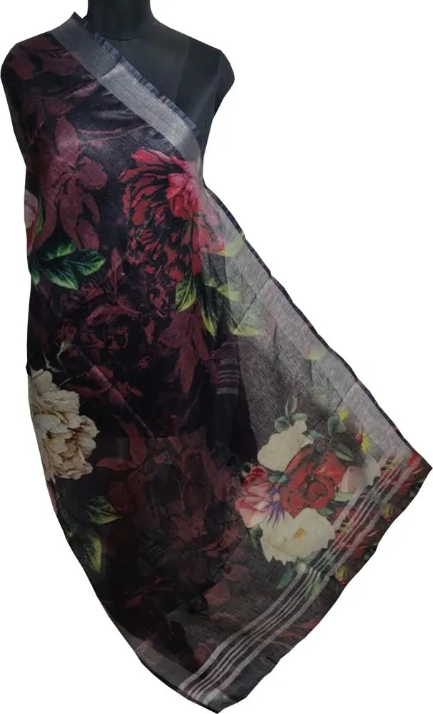 Black Digital Printed Linen Floral Design Dupatta