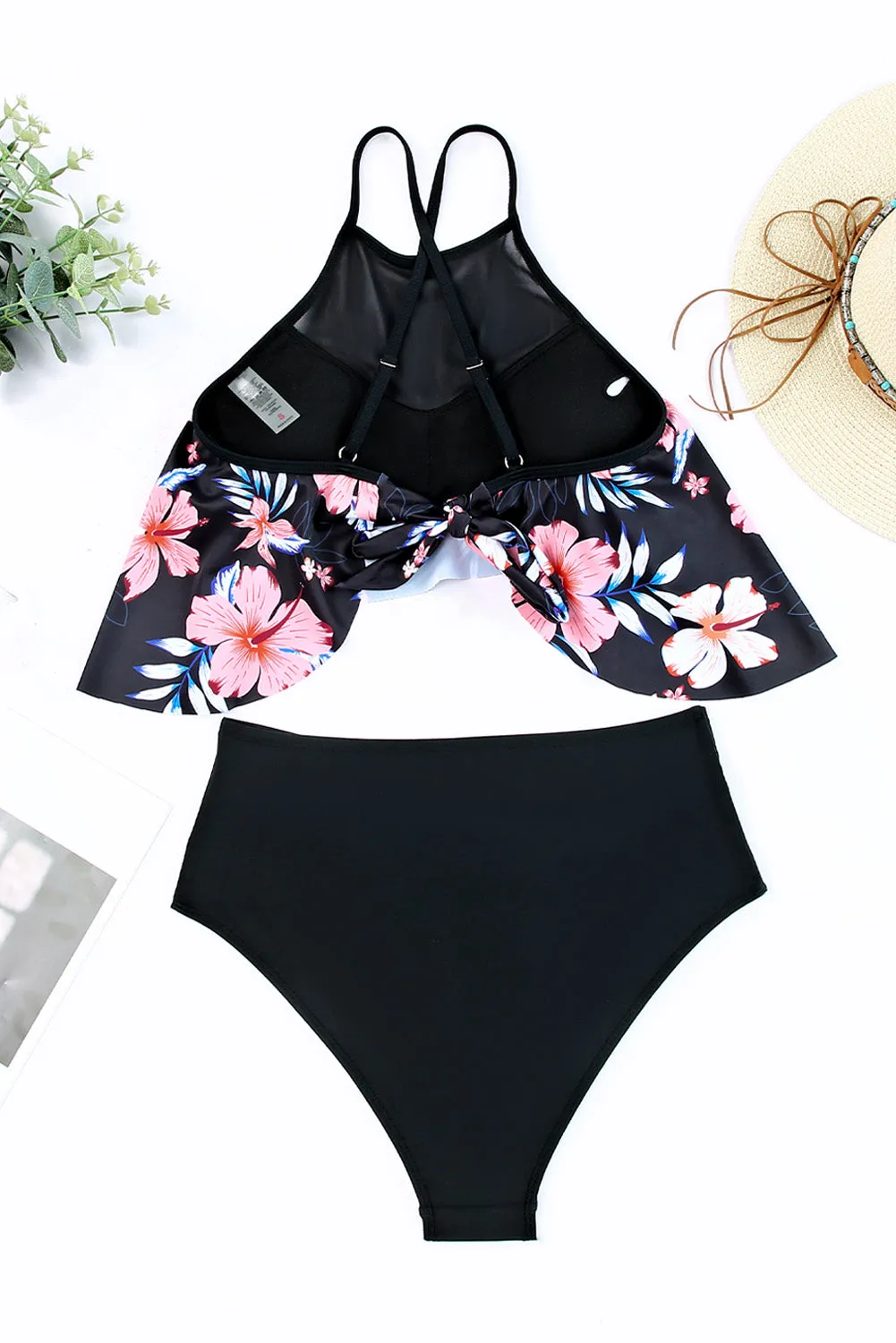 Black Floral Halter Illusion Neck Bikini Set