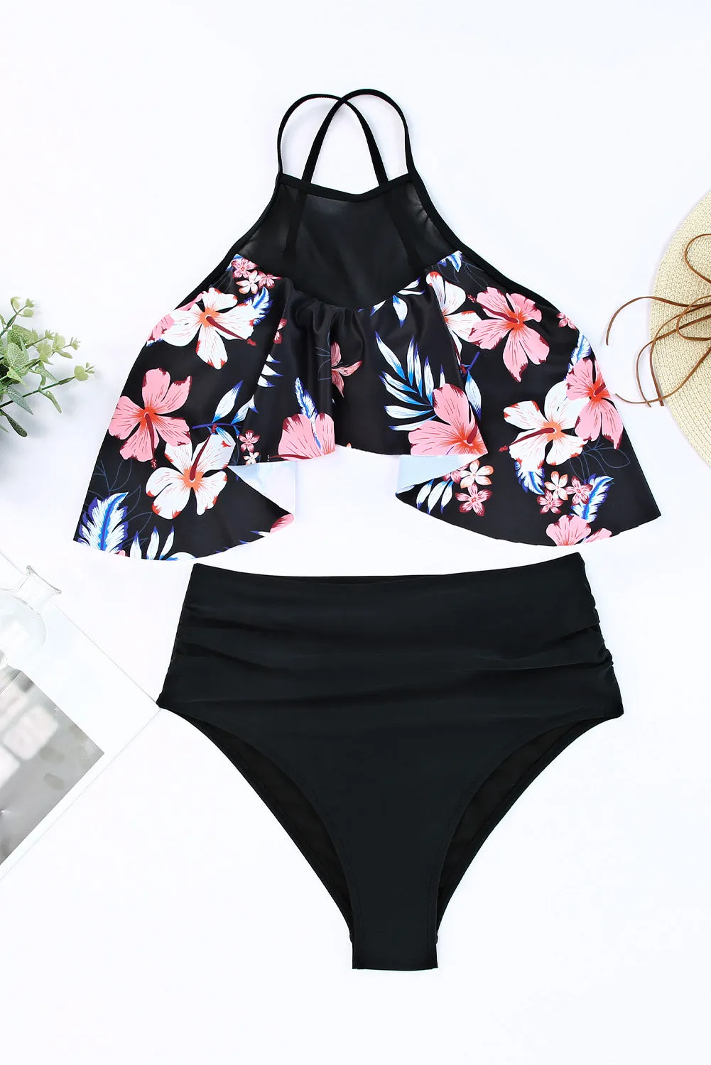 Black Floral Halter Illusion Neck Bikini Set