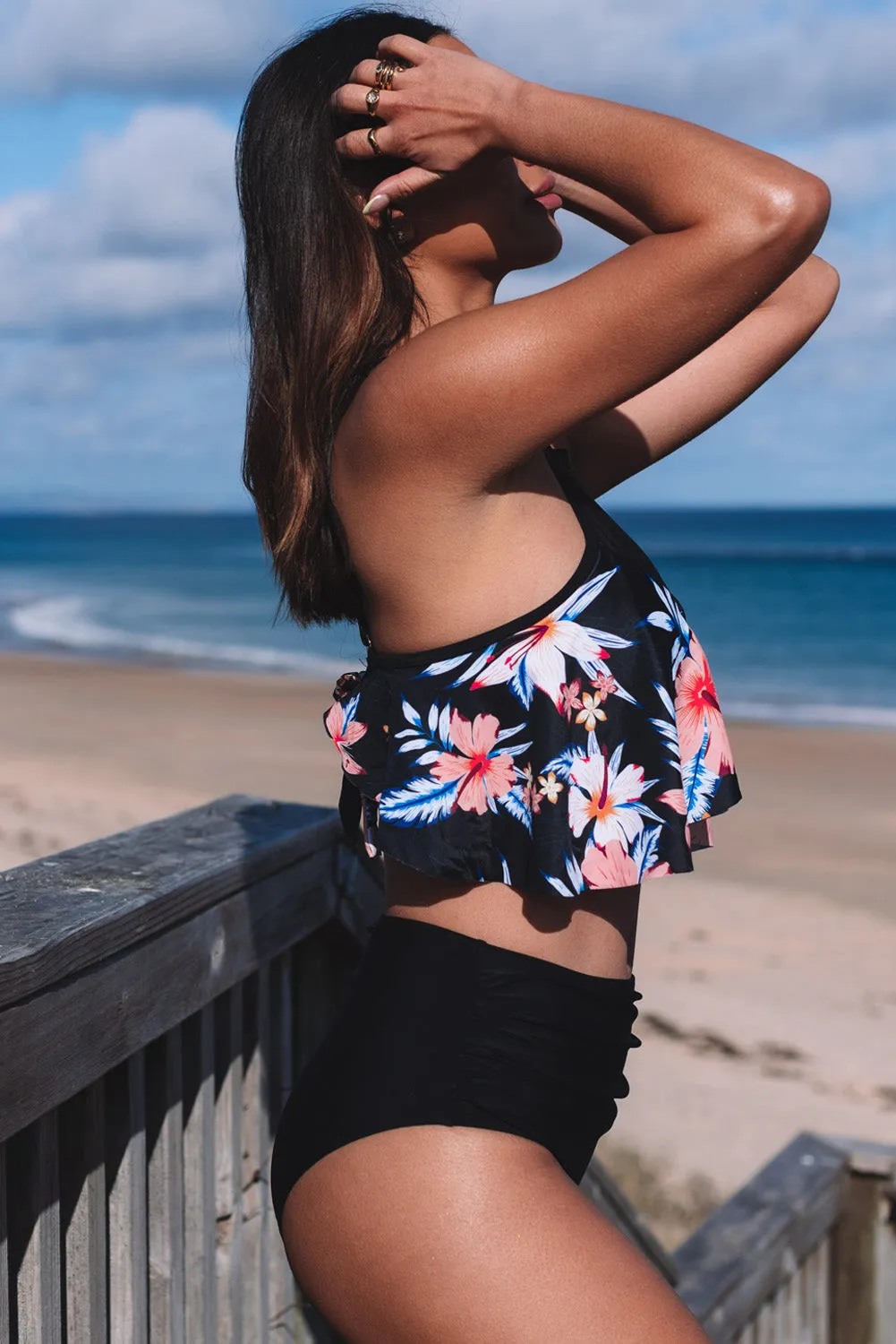 Black Floral Halter Illusion Neck Bikini Set