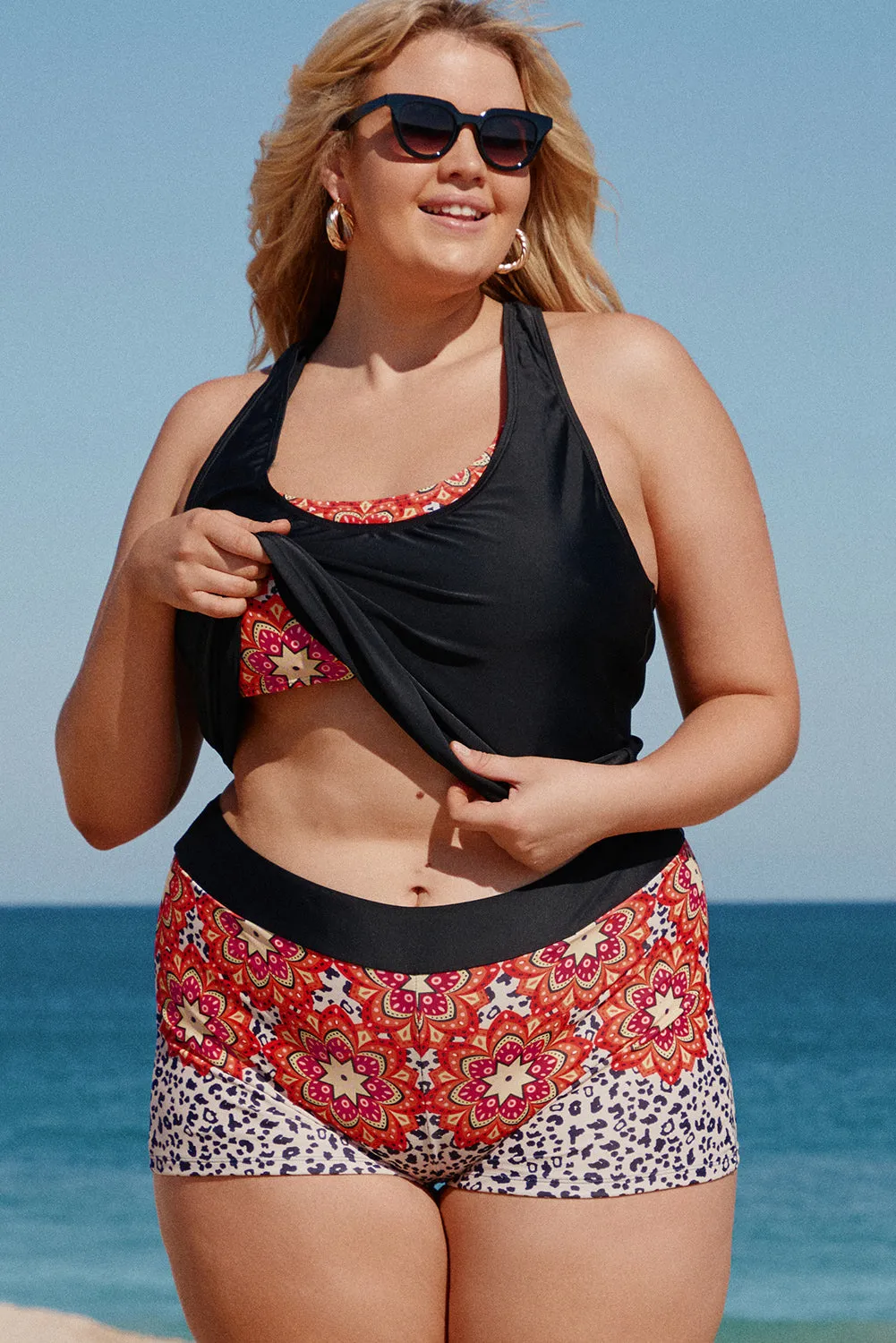 Black Floral Leopard 3pcs Plus Size Tankini Swimwear