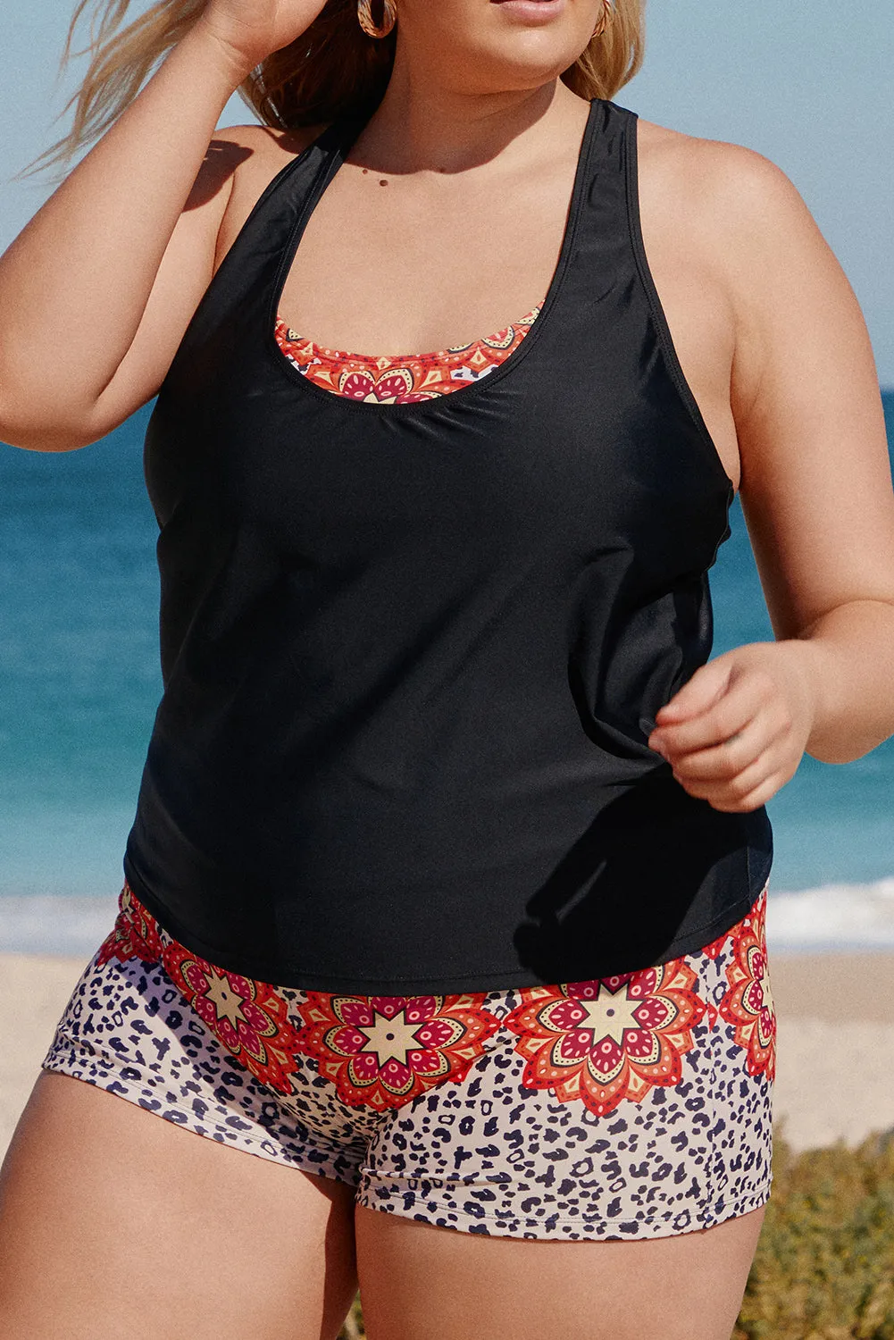 Black Floral Leopard 3pcs Plus Size Tankini Swimwear