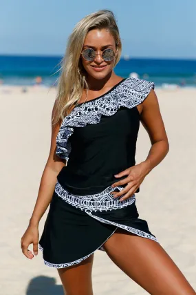 Black Geometry Ruffle Tankini