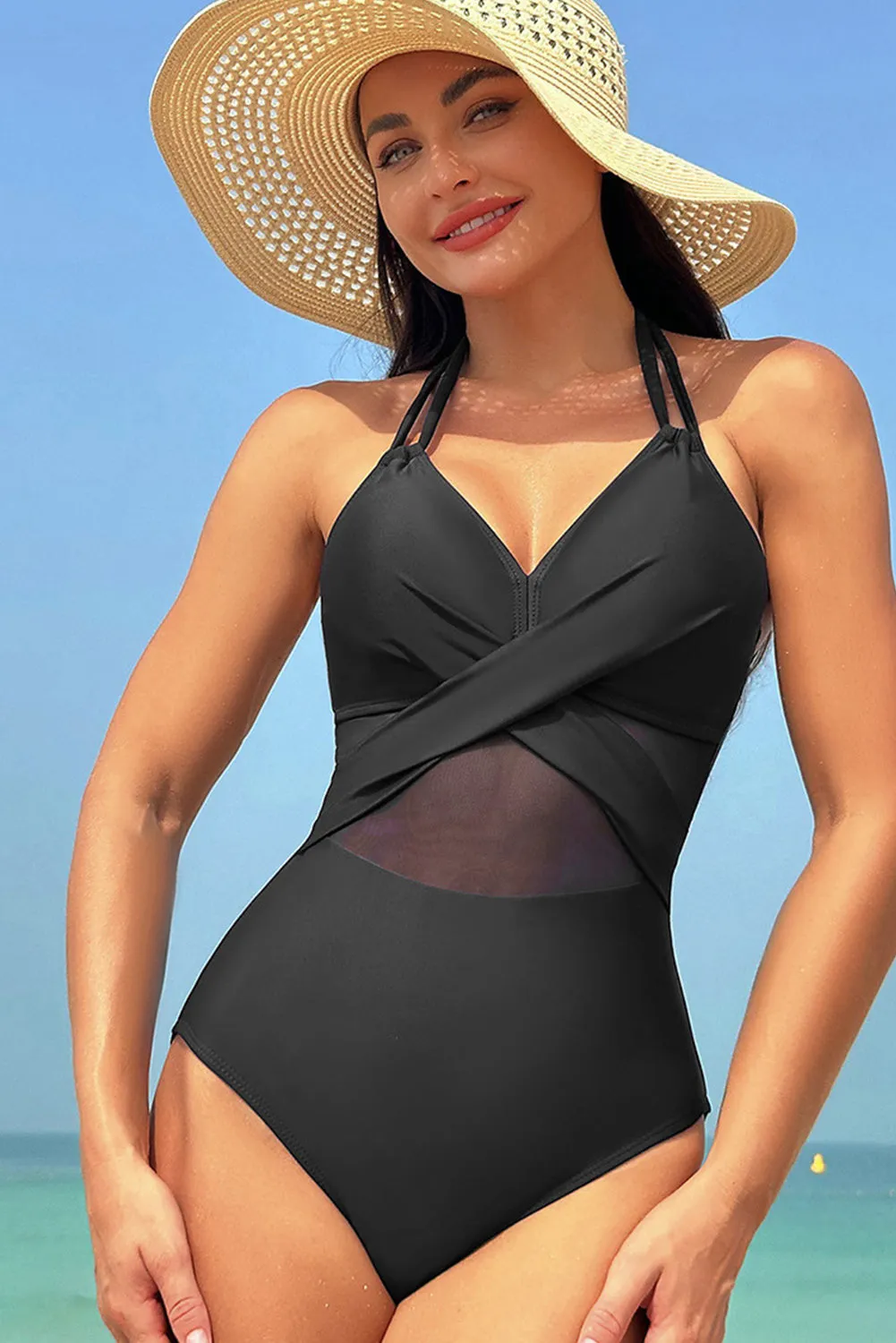 Black Halter Mesh One-Piece Swimsuit