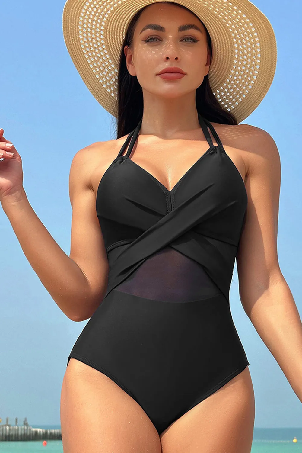 Black Halter Mesh One-Piece Swimsuit