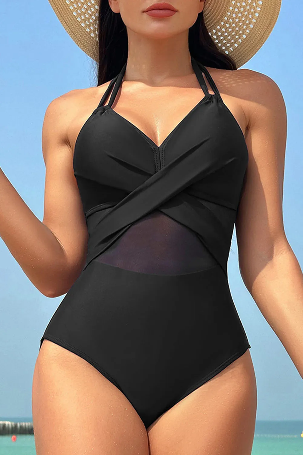 Black Halter Mesh One-Piece Swimsuit