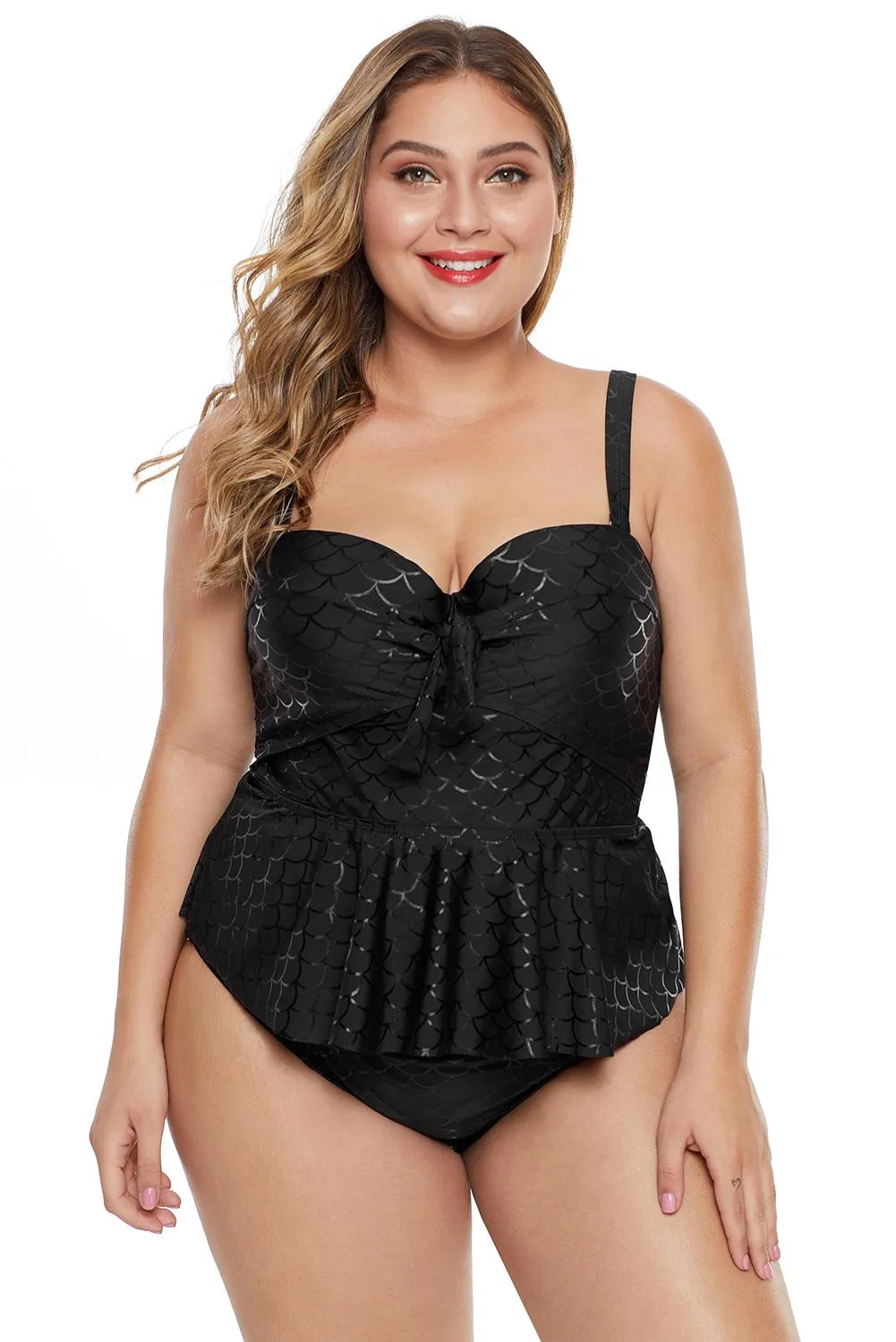 Black Halter Peplum Plus Size Tank Bikini Set