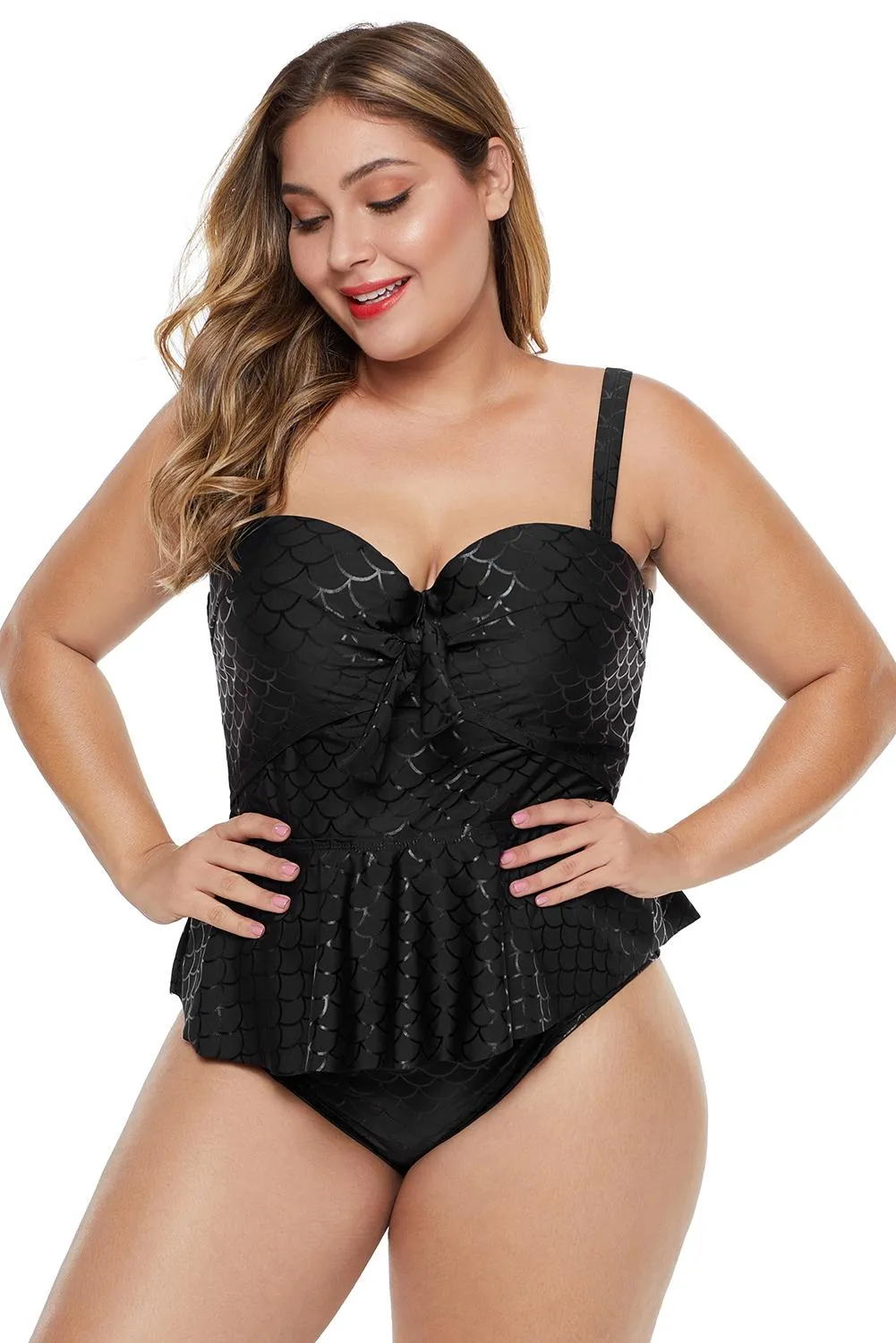 Black Halter Peplum Plus Size Tank Bikini Set