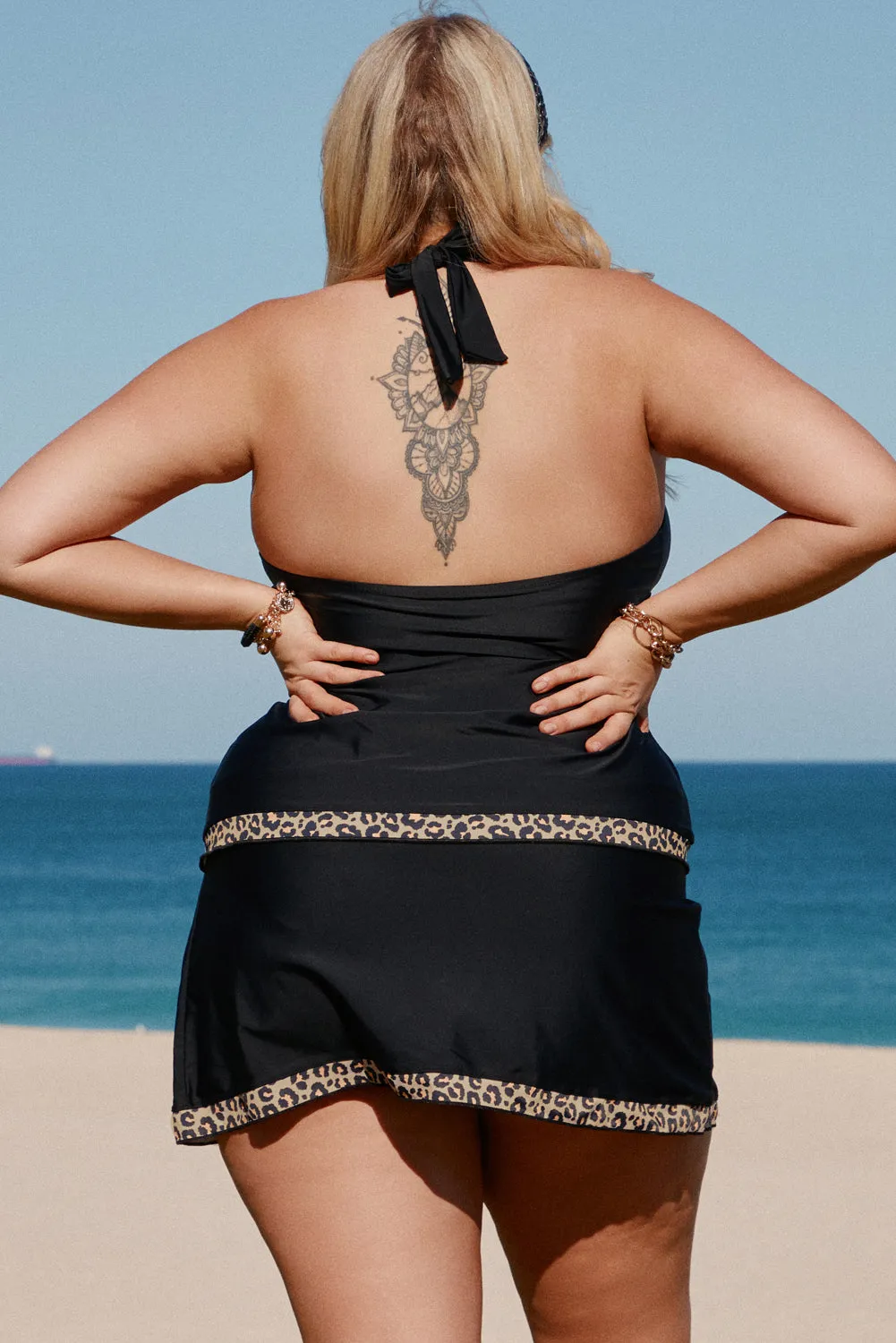 Black Leopard Trim Plus Size Tankini