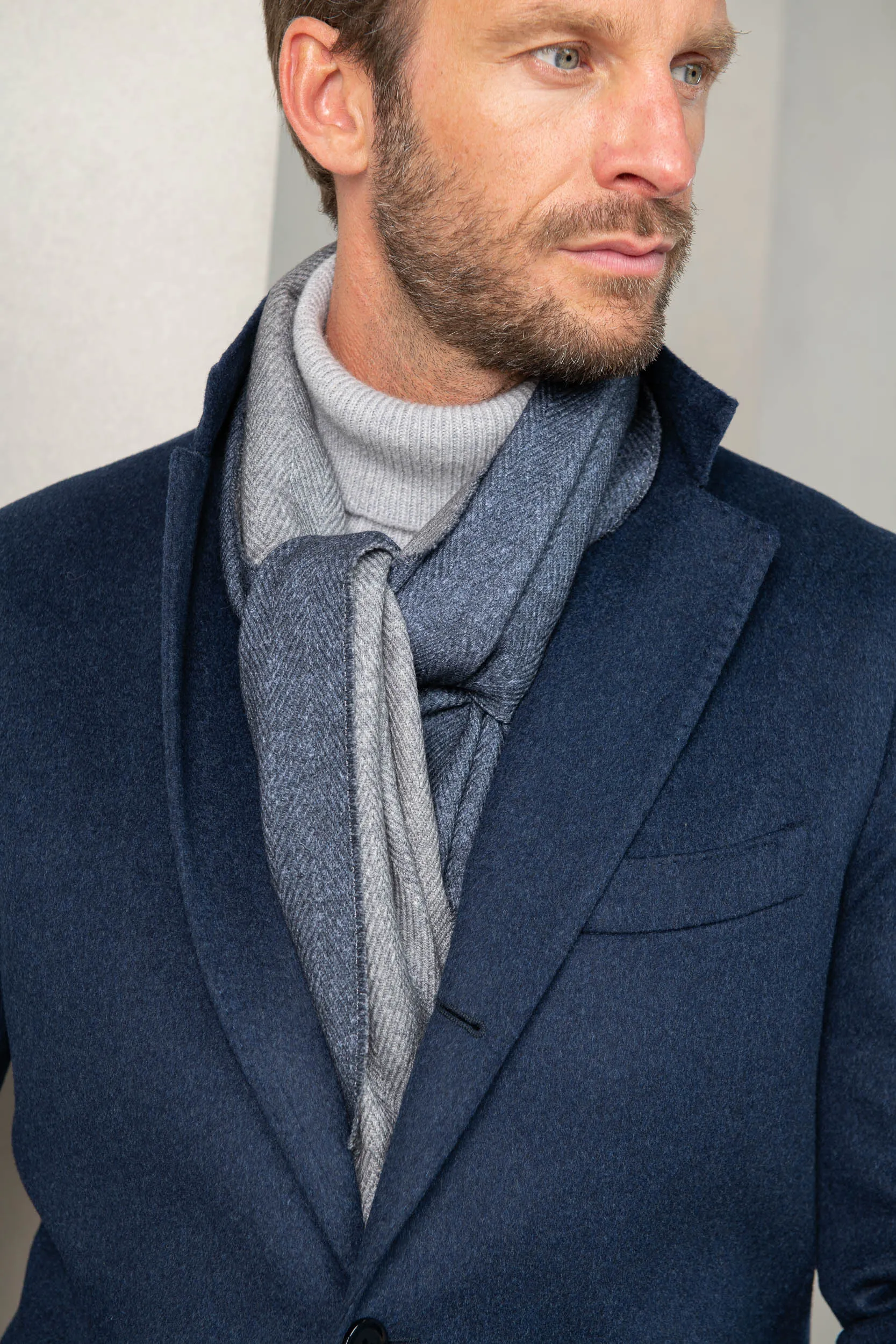 Blue and grey reversible herringbone scarf - Made in Italy