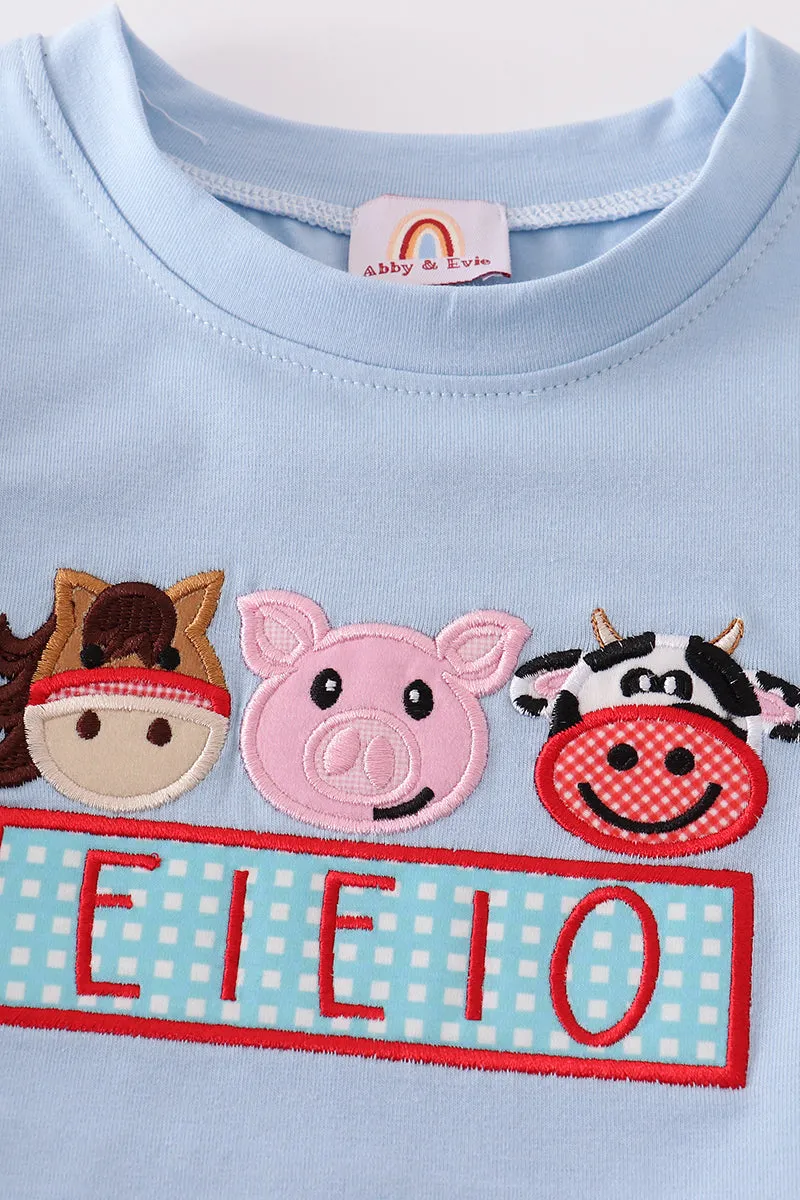 Blue farm animal applique boy set