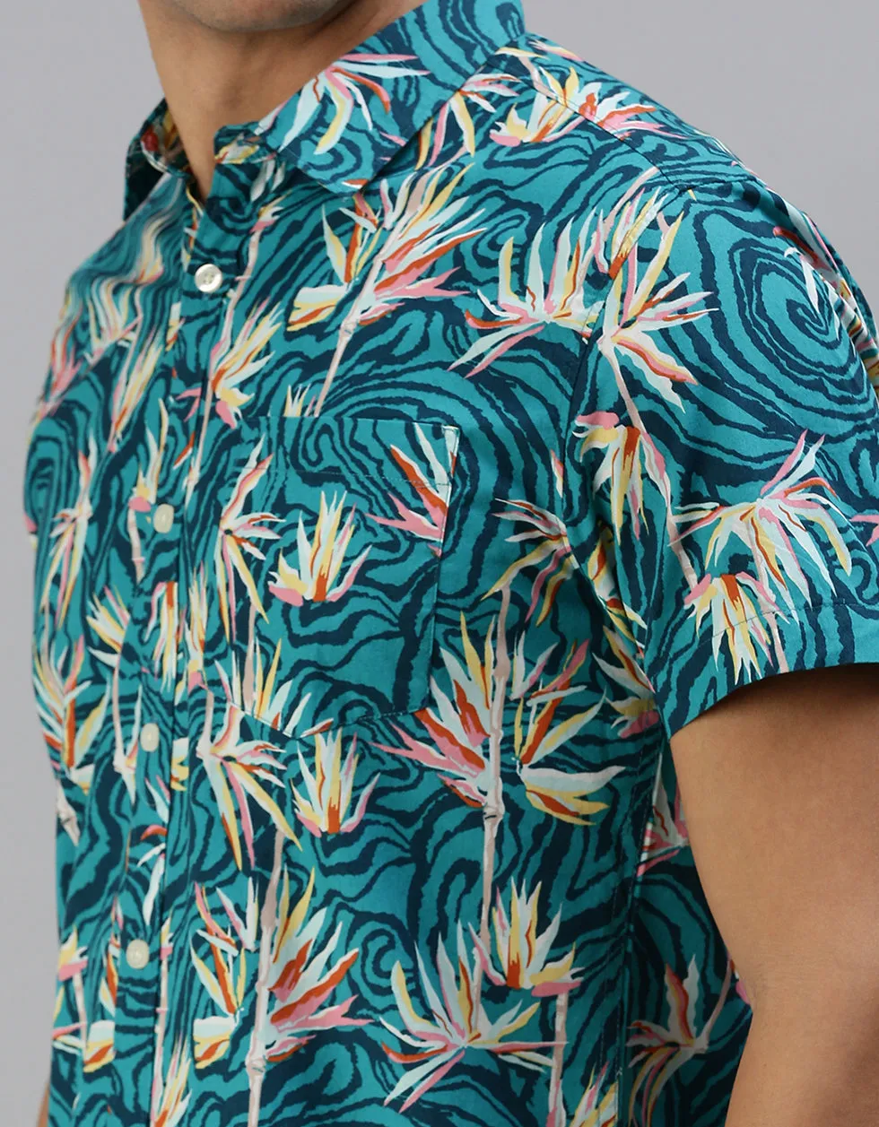 Blue Floral Printed Casual Shirt