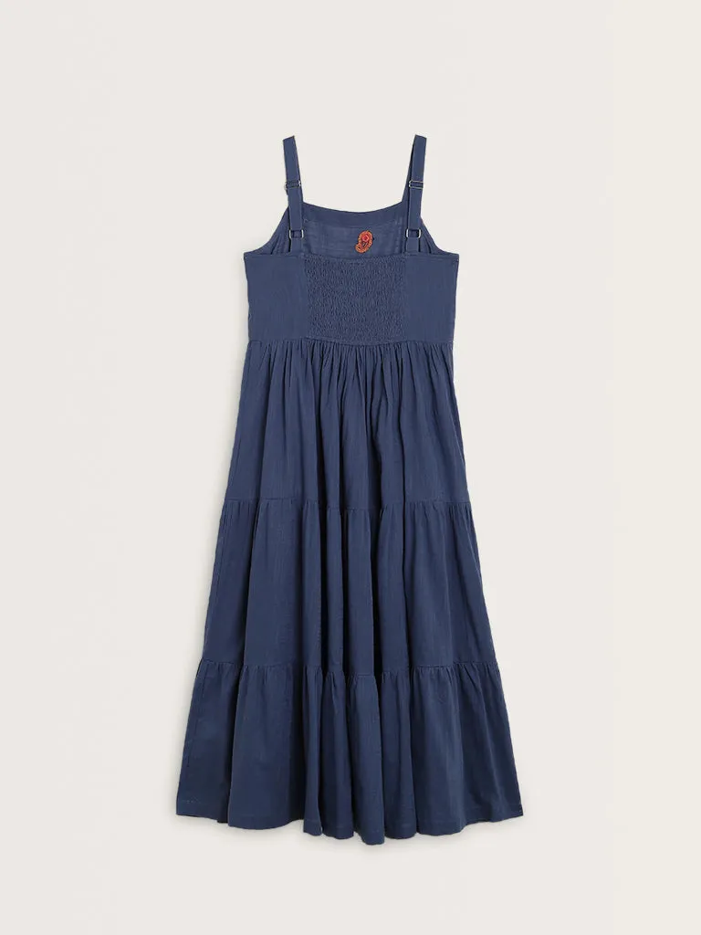 Bombay Paisley Dark Blue Embroidered A-Line Cotton Dress