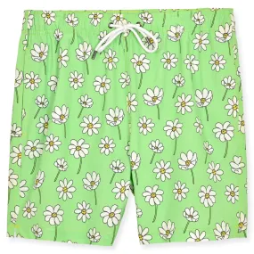 Bright Green Scattered Daisies Swim Trunk