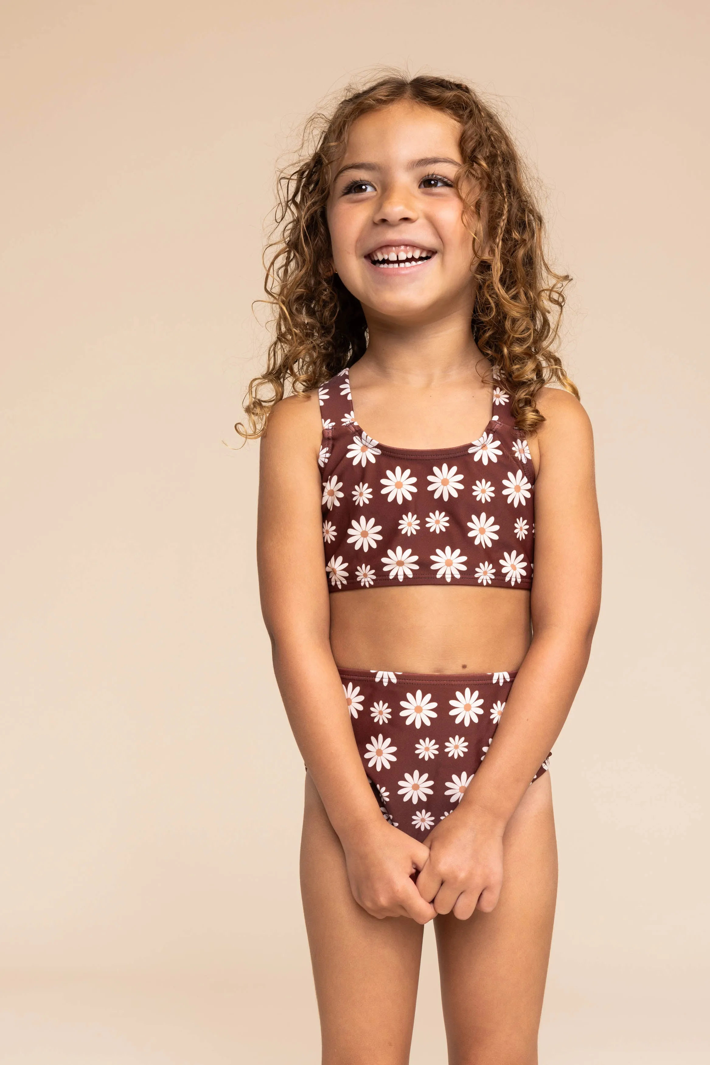 Brown daisy print 2pc swimsuit (size run small, go up 1-2 sizes)