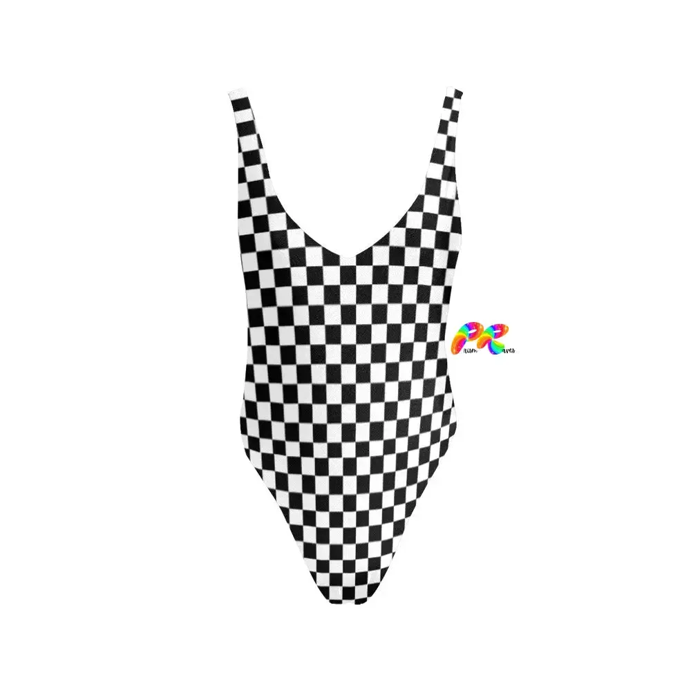 Checkered Swimsuit With Pink Straps, Backless