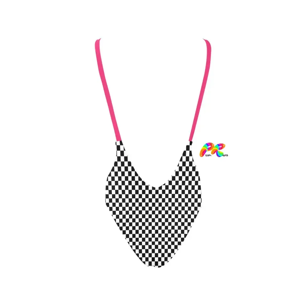 Checkered Swimsuit With Pink Straps, Backless