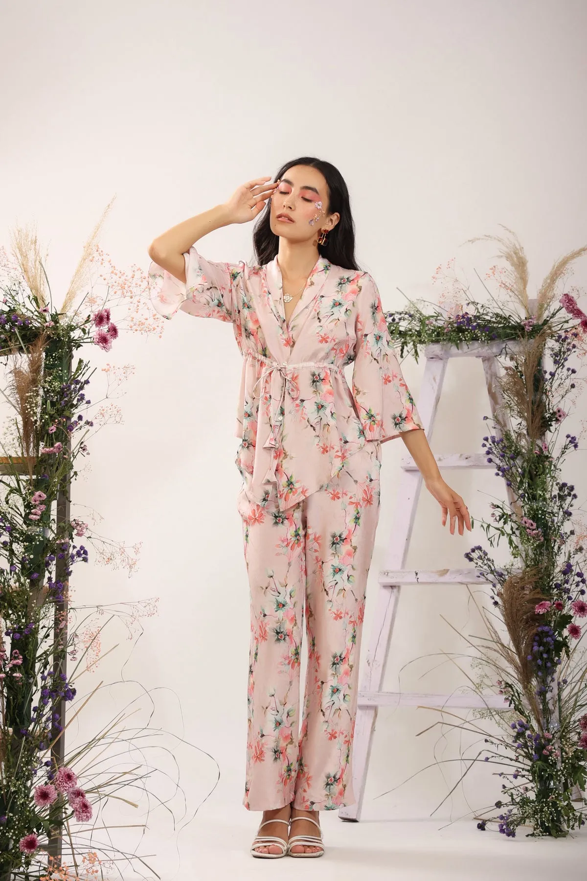 Cherry Blossom Muslin Silk Pink Co-ord Set