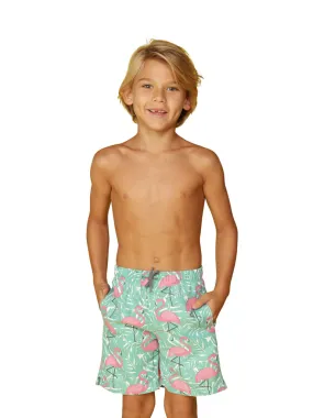 CKLS25 Boy's Swim Trunks in a flamingo and fern print