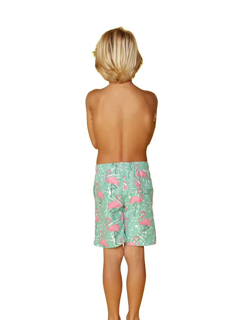 CKLS25 Boy's Swim Trunks in a flamingo and fern print