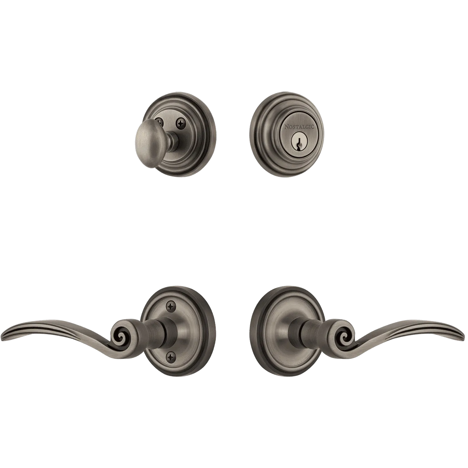 Classic Rosette Entry Set with Swan Lever in Antique Pewter