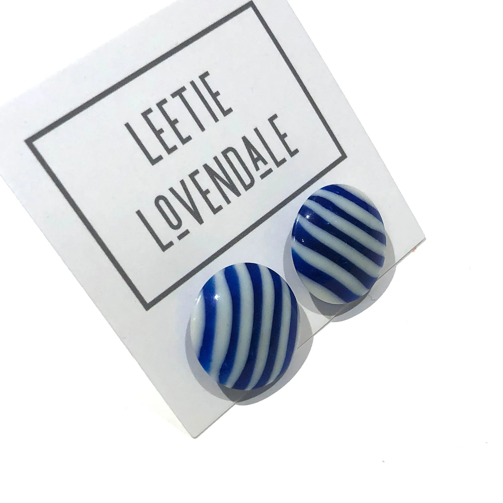 Cobalt Blue & White Pin Stripe Disc Stud Earrings