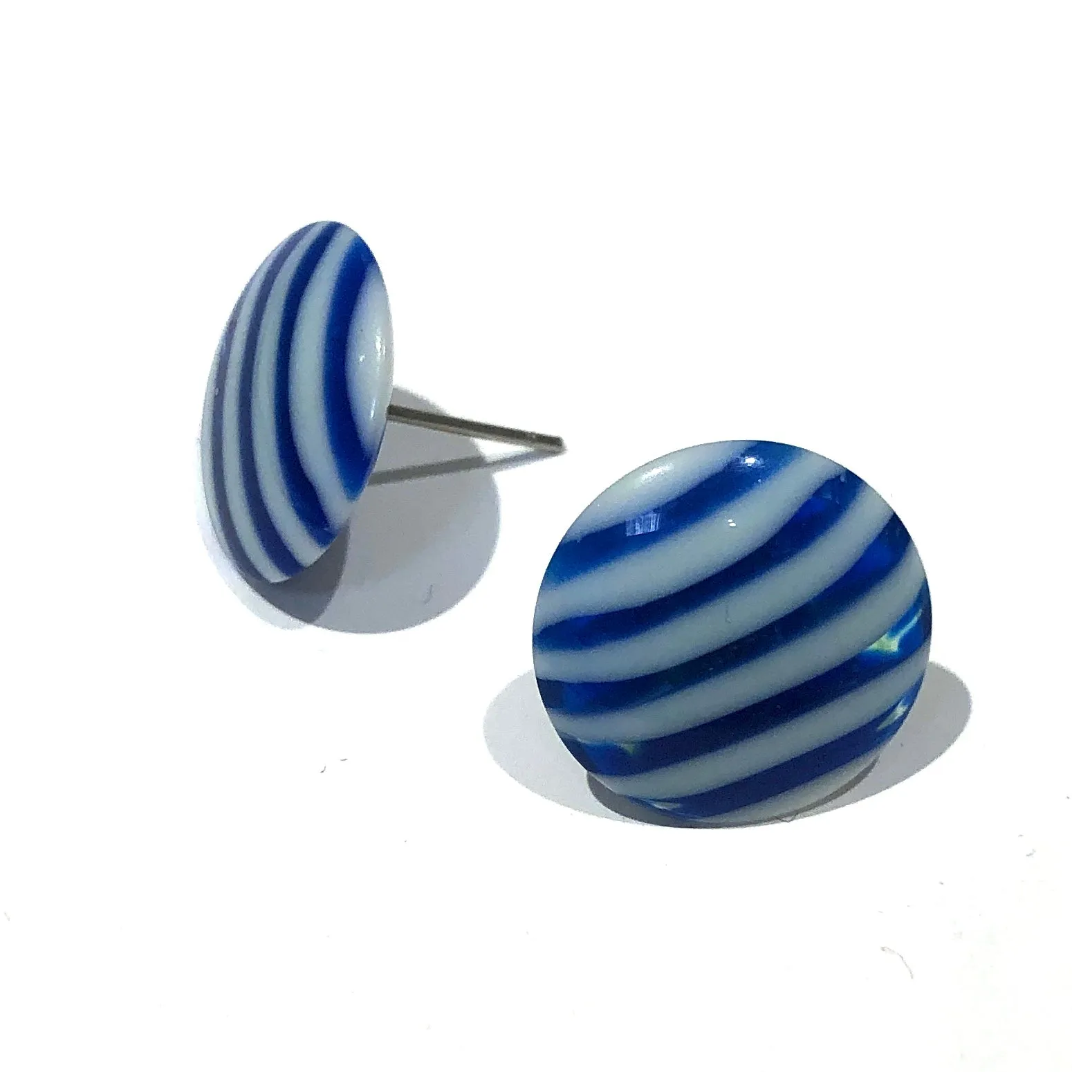 Cobalt Blue & White Pin Stripe Disc Stud Earrings