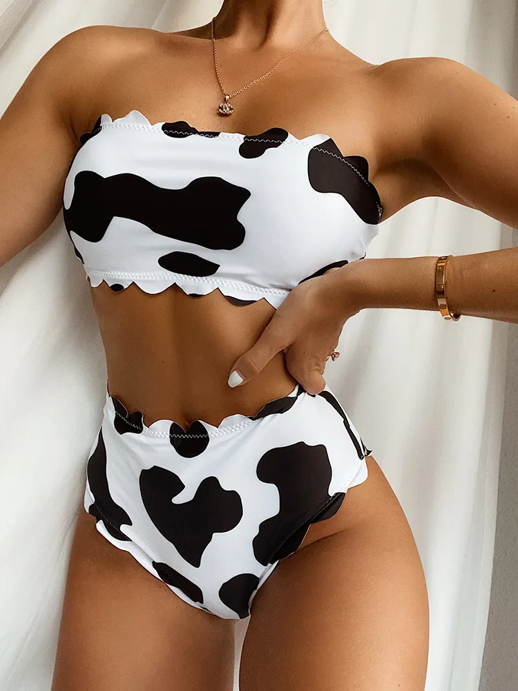 Cow Print High Waist Bandeau Tankini Swimwear