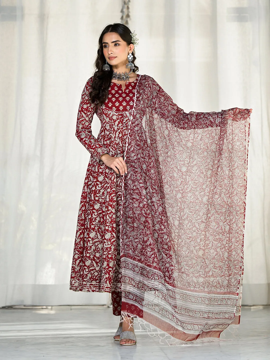 Divena Maroon Floral Printed Anarkali Cotton Kurta Trouser with Dupatta Set