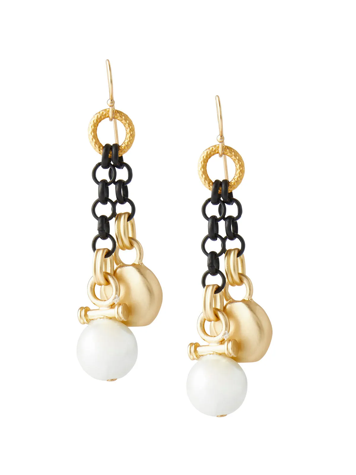 Dual Chain Gold and Pearl Drop Pierced Earrings