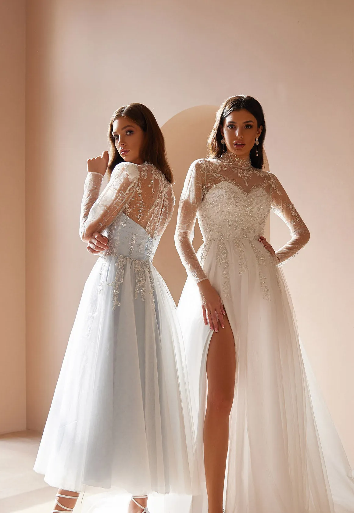 Embellished Light Blue Bridal Gown with a Slit