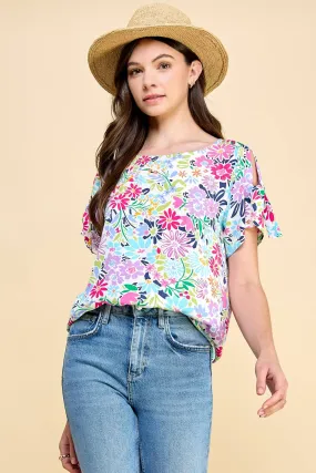 Floral Printed Top with Tied Sleeve Detail