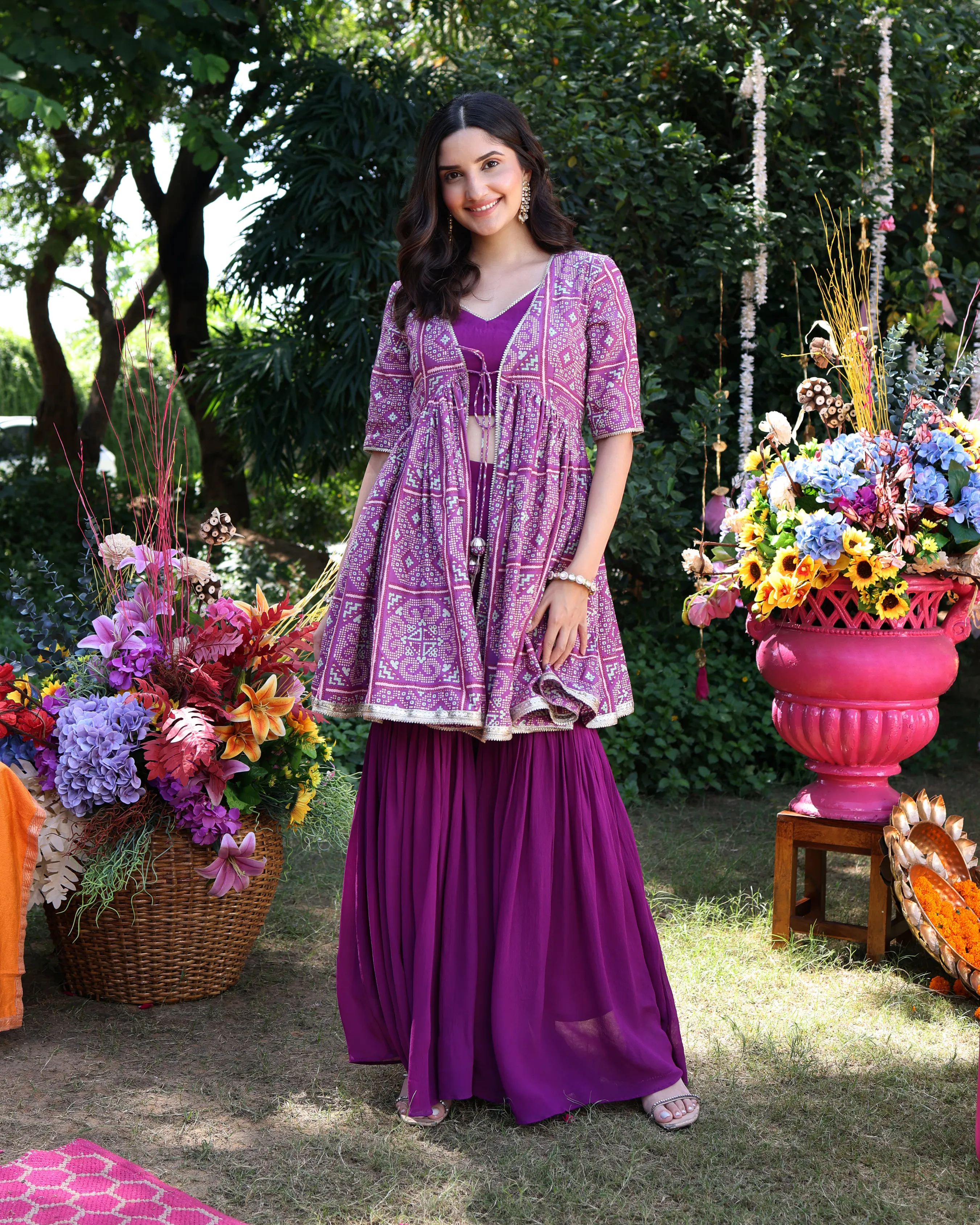 Geometric Purple Elegance Printed Satin Sharara Set