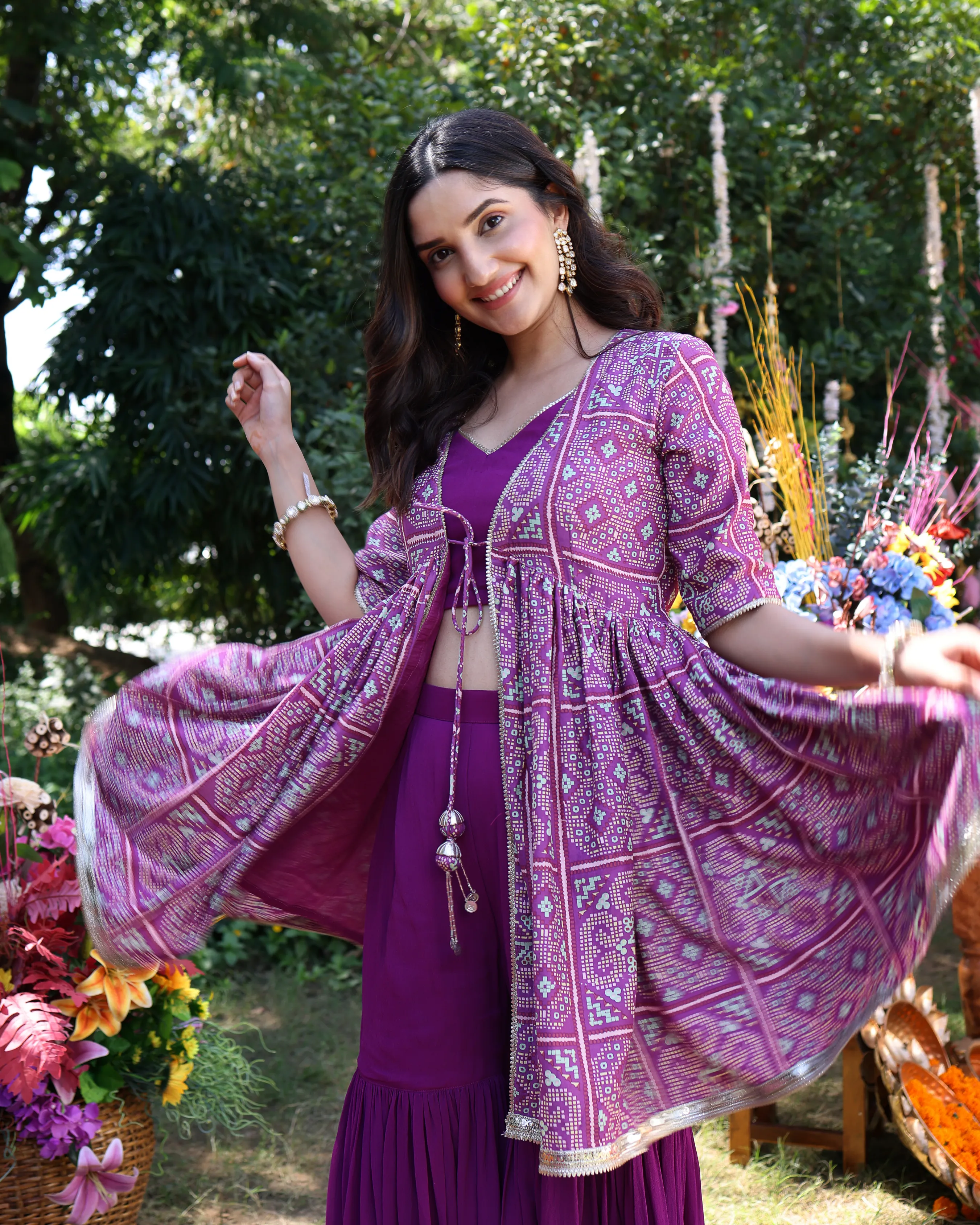 Geometric Purple Elegance Printed Satin Sharara Set