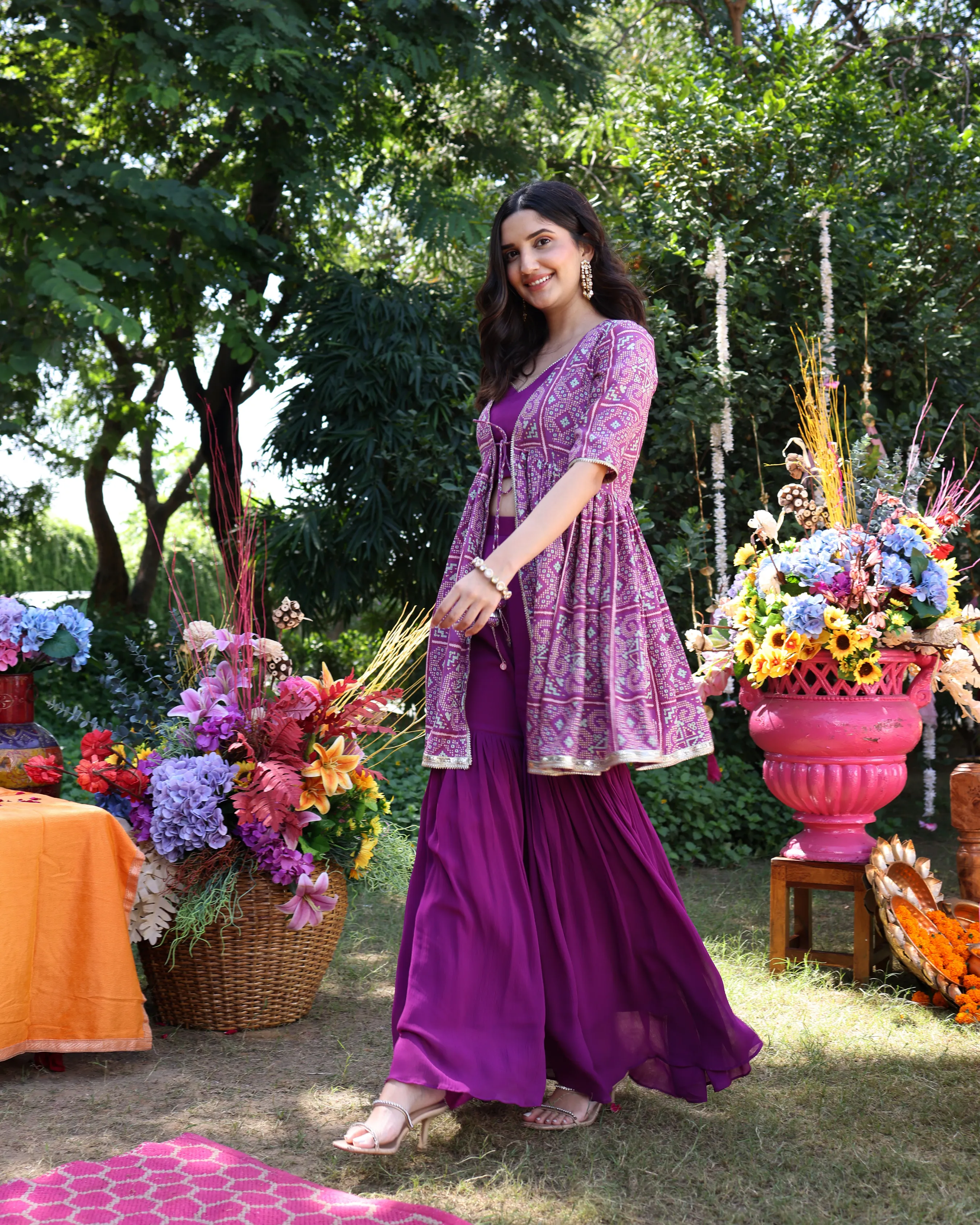 Geometric Purple Elegance Printed Satin Sharara Set