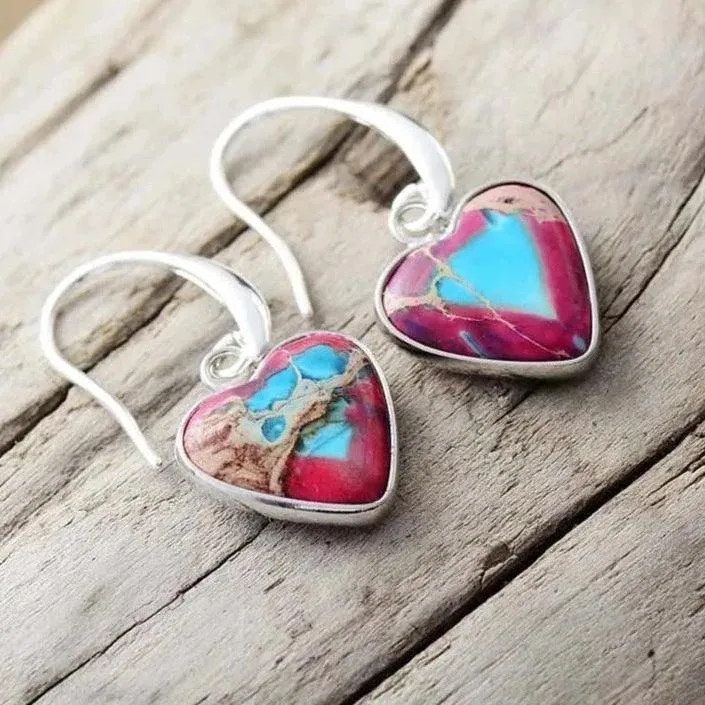 Giiny Blue Center Jasper Hearts Drop Earrings